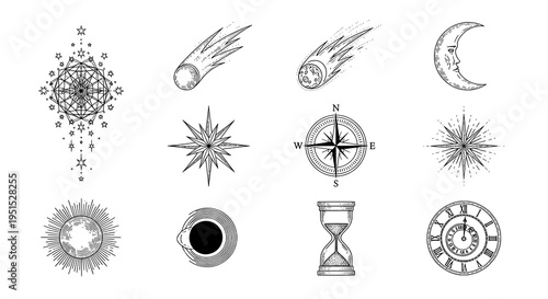 Aesthetic Collection of Engraved Celestial, Time, and Navigational Symbol Icons