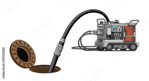 A specialized plumbing machine with a control panel and hose reel is positioned next to an open manhole cover with a hose extending into it.