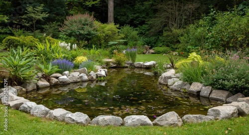 Peaceful garden landscape incorporating a pond bordered by stones and diverse flowering greenery in natural surroundings