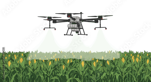 A large agricultural drone with six propellers hovers above a field of ripe corn, spraying a light green mist.