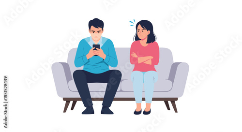 A man is engrossed in his smartphone while sitting on a light grey sofa next to an angry woman with crossed arms.