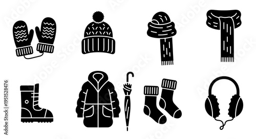 A Comprehensive Collection of Black Silhouette Winter Clothing and Accessories Icons