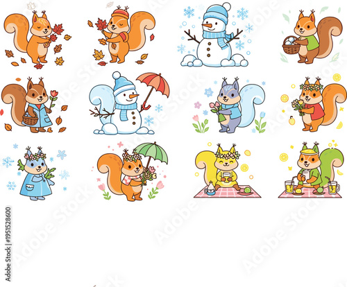 Set of twelve cartoon squirrels in seasonal activities like autumn leaves, winter snowmen, spring flowers and summer picnics for vector projects
