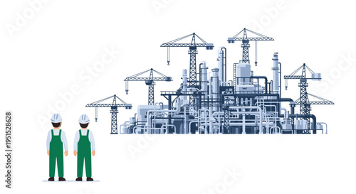 Two male engineers in green overalls and white hard hats observe a large, complex industrial factory with pipes, tanks, and cranes.