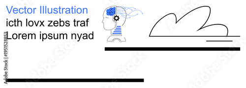 Innovation, thinking, creativity, automation, technology, neuroscience. Image of a human head with a brain and gear icon, along with abstract line elements. Innovation and technology concept