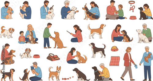 Cartoon Dog Owners and Pets Collection with People Training Feeding Playing and Caring for Dogs in Home and Outdoor Scenes Vector Illustration