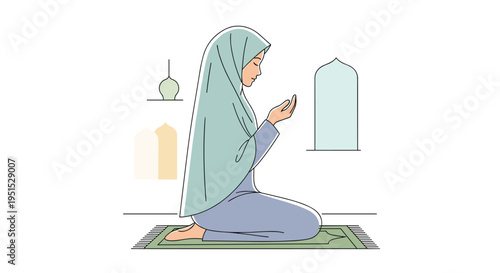 A Muslim woman in a light green hijab kneels on a prayer mat with hands raised in supplication against a white background.
