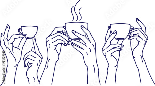 Vector art of hands holding coffee cups in a line