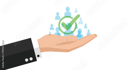A hand in a dark suit holds blue human silhouette icons with a large green checkmark floating above them on a white background.
