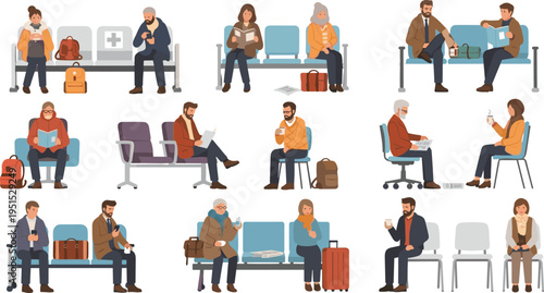 PrintPeople Sitting in Airport Waiting Area with Luggage and Smartphones, Travelers Waiting at Terminal Seats in Different Poses Flat Vector Illustration Set