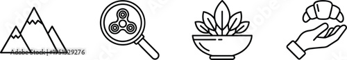 Set of four lifestyle line icons featuring mountain peaks, magnifying glass with fidget spinner, healthy salad bowl, and hand holding croissant for diverse thematic concepts