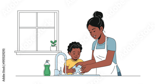 A smiling African-American mother and her young child are washing dishes together at a kitchen sink.