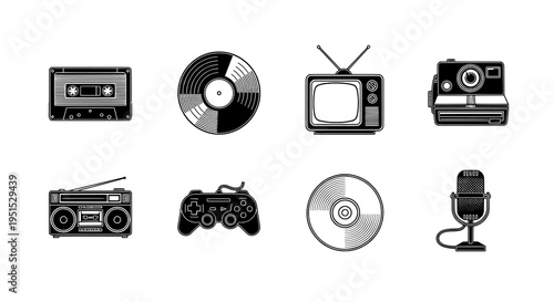 Collection of Retro and Vintage Media and Technology Gadgets Icon Set