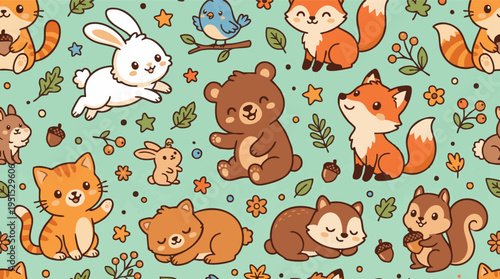 Charming Seamless Repeating Pattern of Adorable Forest Creatures and Falling Leaves on a Mint Green Background