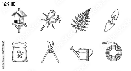 A diverse collection of hand-drawn garden tools and natural elements illustrations