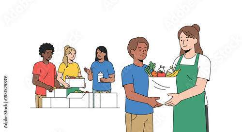 A woman in a green apron hands a bag of groceries to a man, while three people sort produce behind them.