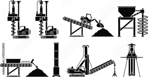 drilling, conveyor, hopper, silo, rig, auger, loader, machinery, construction, mining, excavation, industry,  