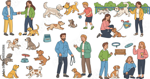 Cartoon Dog Owners and Pets Collection with People Walking Training Playing and Caring for Puppies in Outdoor and Home Scenes Vector Illustration