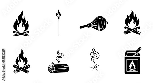 Black and White Pictograms Illustrating Campfire, Burning Logs, Matchstick, and Fire Starting Tools