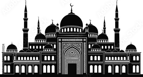 Mosque silhouette with domes and minarets Islamic architecture illustration detailed black building design for religious landmark cultural heritage and spiritual place concept