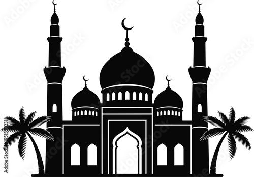 Mosque silhouette with palm trees Islamic architecture illustration black building design for religious landmark cultural heritage and spiritual destination conceptMosque silhouette 