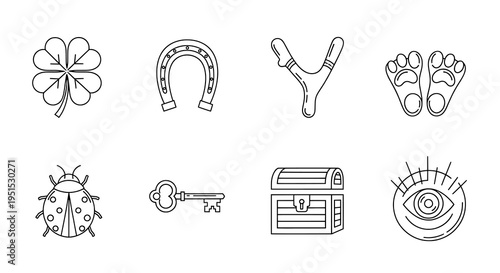 A Collection of Good Luck Charms and Symbolic Objects in Line Art
