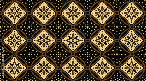 Elegant seamless abstract pattern with traditional geometric and stylized floral motifs on a dark background, ideal for luxurious decorative textiles and sophisticated graphic designs