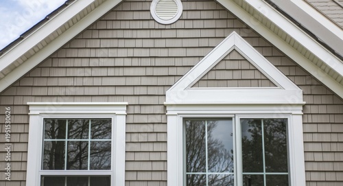 Residential exterior with vinyl siding and white wood accents enhancing triangular gable and window trims