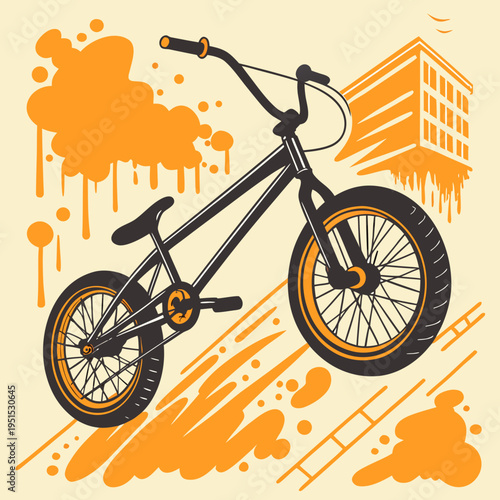 Stylized BMX bicycle with dark frame and orange wheels surrounded by graffiti spray paint elements