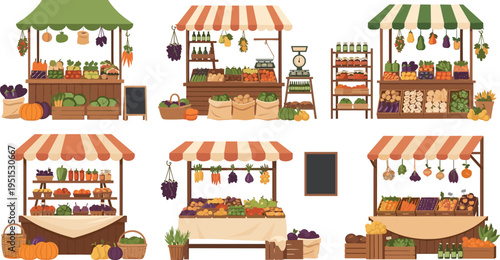 Cartoon Farmers Market Stall Collection with Fresh Fruits Vegetables Organic Produce Displays and Grocery Shop Elements for Vector Illustration