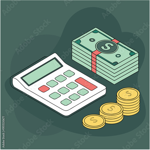 Isometric financial calculation with digital calculator stacked currency bills and rising golden coins