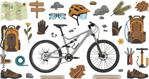 Bicycle Parts and Repair Tools Vector Set Featuring Road Bike Components Wheels Chain Gears Pump Toolkit and Cycling Maintenance Equipment