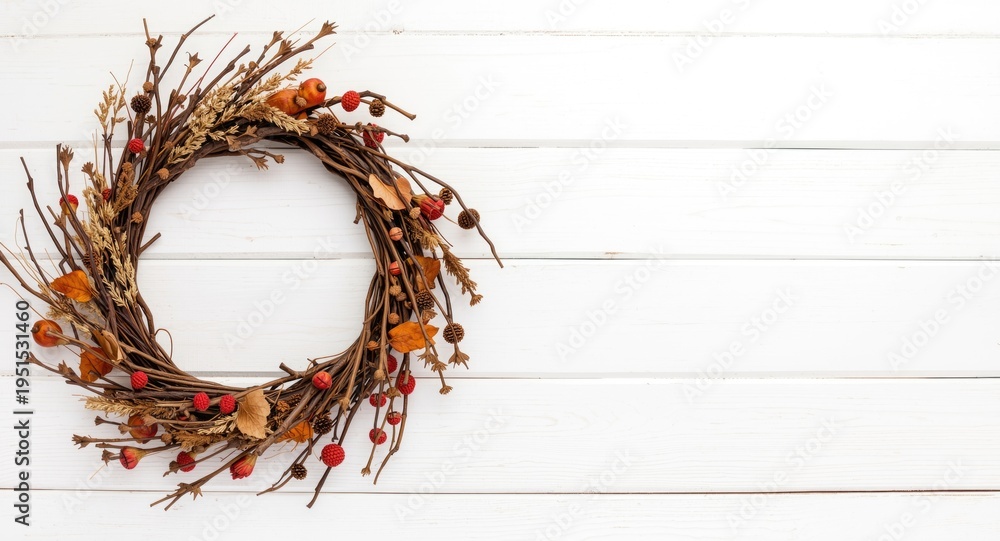 Fototapeta premium Organic fall wreath combining twigs and dried plants on white wooden backdrop