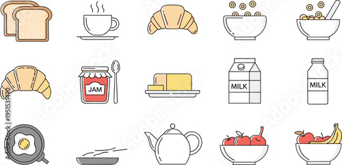 Breakfast Food and Morning Meal Vector Icon Set with Bread, Croissant, Coffee Cup, Milk Carton, Butter, Jam, Fried Egg and Fruit Bowl
