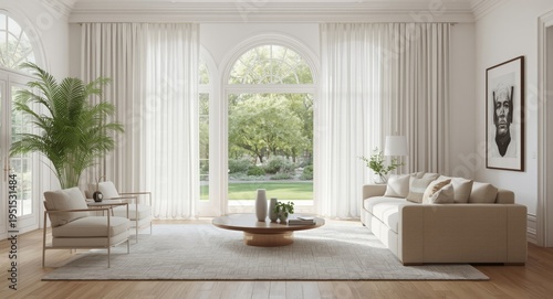 chic living room decorated with grand window and billowing white fabric curtains