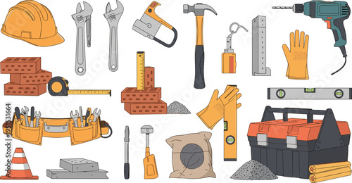 Construction Tools and Building Equipment Vector Illustration Set with Hard Hat, Hammer, Wrench, Drill, Tool Box, Safety Gloves and Measuring Tools