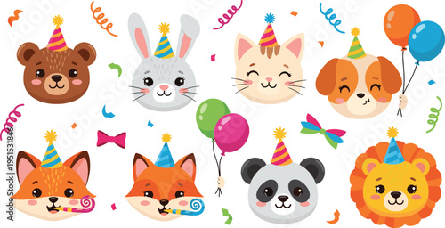 Cute Animal Birthday Party Characters Vector Illustration Set with Bear, Bunny, Dog, Cat, Fox, Panda and Lion Wearing Party Hats and Glasses