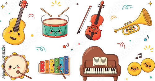 Cute Cartoon Musical Instruments Vector Set Featuring Guitar Drum Violin Piano Xylophone Trumpet and Tambourine for Kids Music Education