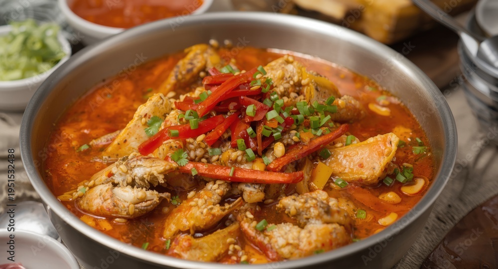 Fototapeta premium Delicious Korean crab stew blending fresh seafood and pungent spices