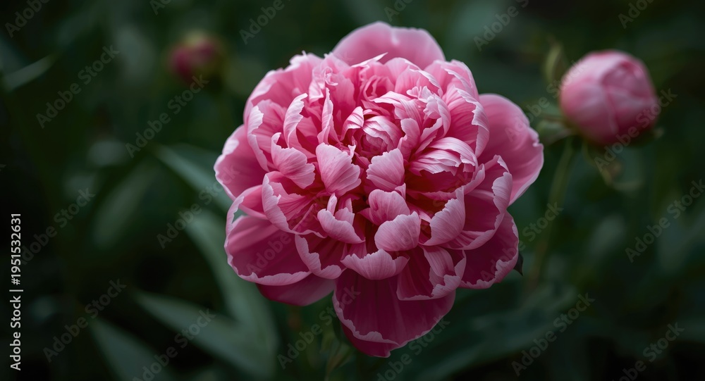 Obraz premium Peony flower bursting with lively pink shades in a garden setting