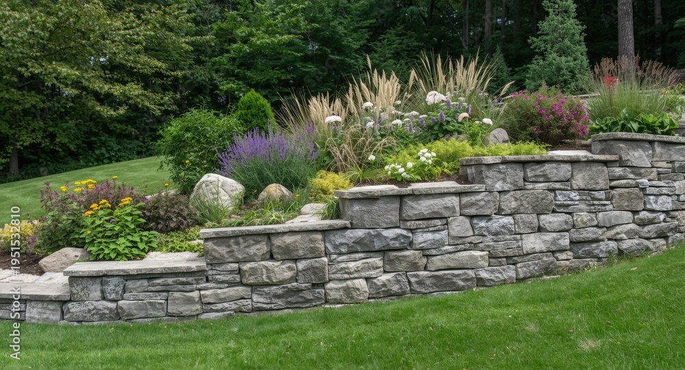 Obraz premium Landscape slope held by granite and gneiss stone wall with easy care perennial plants