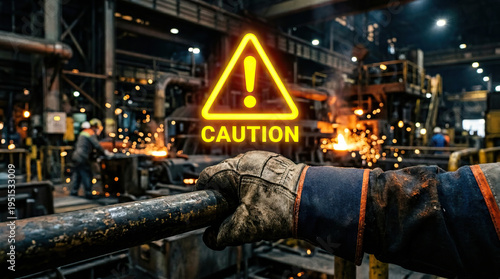 Wallpaper Mural Industrial factory worker wearing protective glove holding metal railing with caution sign and sparks flying in background, emphasizing safety in hazardous environment Torontodigital.ca