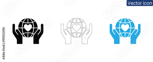 Vector icons of hands holding a globe with a heart symbol, representing global care and protection, on a clean white background