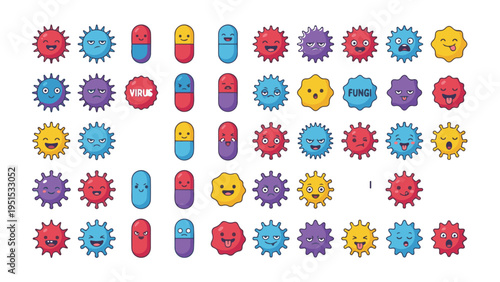 Large Collection of Cute Cartoon Microbes, Pills, and Fungi with Funny Facial Expressions