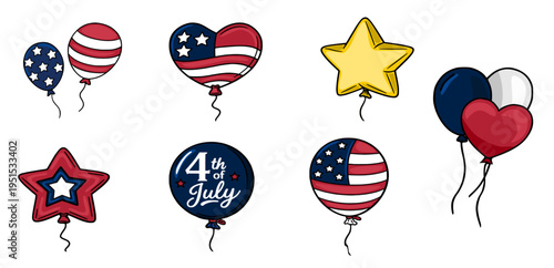 Set of festive 4th of July balloons vector illustration with American flag motifs and star shapes