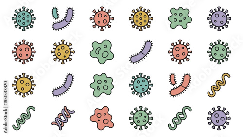 Diverse Collection of Microscopic Organisms Bacteria and Virus Icons in Flat Design Style