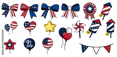 Vector Set of USA Themed 4th of July Decorations and Symbols