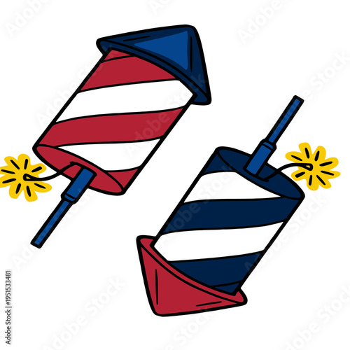Festive vector illustration of two red, white, and blue striped fireworks rockets with yellow sparks, isolated on white background.
