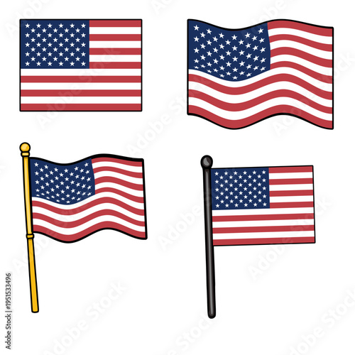 Collection of American Flags vector illustrations in various styles, including waving and static, on poles and free-floating.