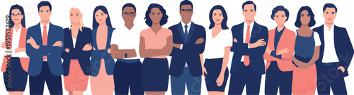 Large diverse group of successful business professionals standing together in formal suits representing corporate teamwork leadership diversity and global inclusion vector illustration.